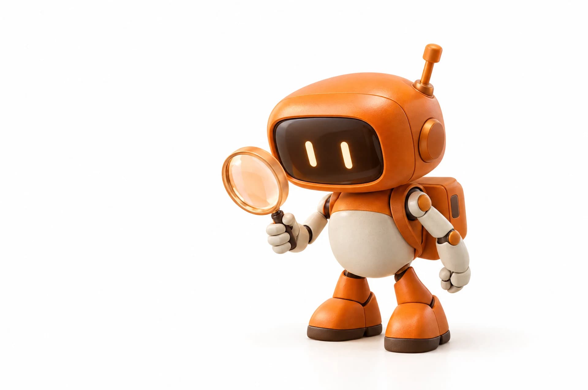 An orange robot inspecting something with a magnifying glass